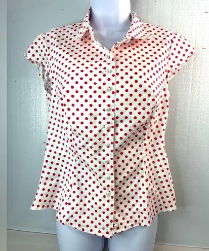 Miss Candyfloss L Red Polka Dot Button Down Capped Sleeve Fitted Shirt Size L