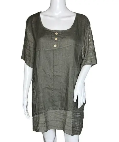 Tempo Paris Shirt Womens Small Green Linen Tunic Top Neutral Basic Lagenlook