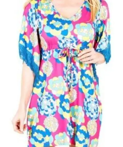 Tracy Negoshian NEW Felicity Fringe Dress 70s Pink Green Mini Summer Resortwear