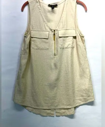 Ellen Tracy LINEN BLEND HI/LO TOP W/TASSEL ZIPPER TANK S OATMEAL COLOR PREOWNED