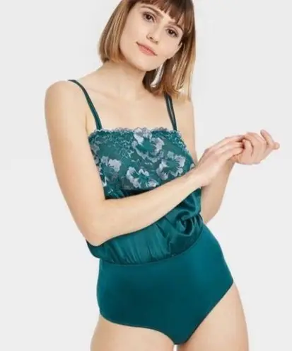 NWT Auden Teal Square Neck Floral Satin Bodysuit Size M