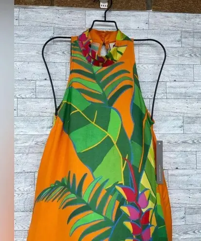 Farm Rio ANTHROPOLOGIE Tropical Leaves Print Halter Maxi Dress XXS Orange