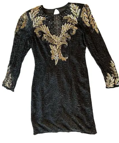 Laurence Kazar Vintage 80s Cocktail Party Black Gold Sequined Beaded Silk Dress