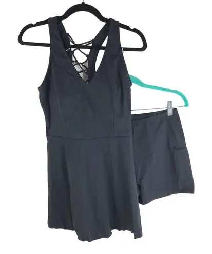 Halara Cloudful Air V Neck Crisscross Lace Up 2-Piece Pocket Mini Dress Black XL