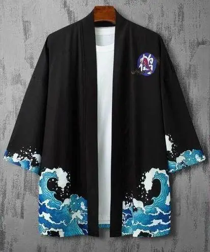 Men Wave & Crane Print Drop Shoulder Kimono Blue Size undefined