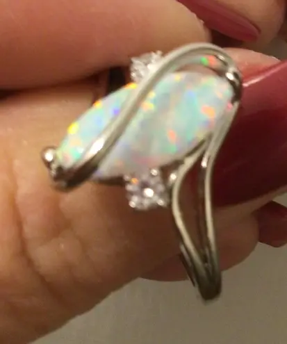 White Gold Plated Brass Created Fire Opal with cubic zirconia sz 6 Silver