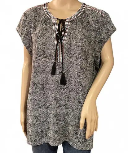 Daniel Rainn Black White Embroidered Boho Tunic Top Tassel Neck Tie Size XL