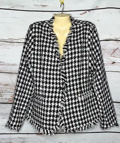 Alloy Apparel NWT Size XL Black & White Houndstooth Tweed Fringe Jacket Blazer