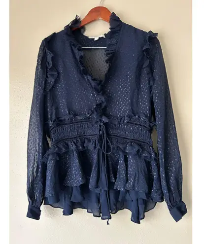 Johnathan Simkhai Navy Semi Sheer Chiffon Ruffle Blouse Size Medium Blue