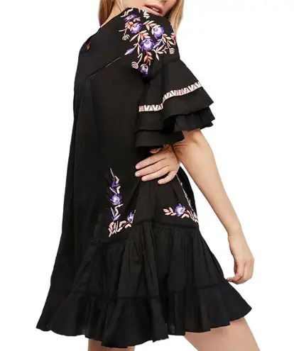 Free People  Pavlo Babydoll Embroidered Ruffled Dress Black Pink Purple Size XS