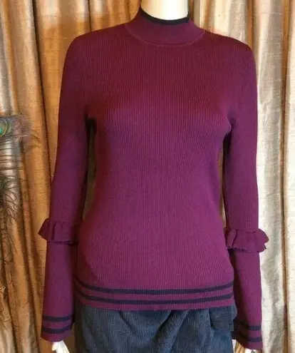 Marled Ribbed Wine w/Black Stripes Sweater Purple Size M