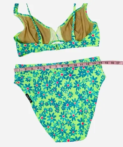 VINTAGE 90s SUNSETS Neon Floral Bikini Set Green Size L