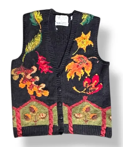 Vintage Marisa Christina Hand Knit Black Leaf Sweater Vest Black Autumn Cozy Size M