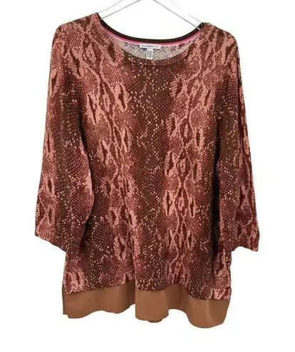 Isaac Mizrahi  blouse snakeskin print chiffon knit 3/4 sleeve brown tunic 2X