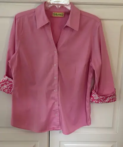 Lilly & Van Pink Button Up Shirt with Patterned Cuffs Women's Size M Size M