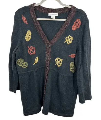 Christopher & Banks Vintage Size XL Charcoal Grey Embroidered Fall Leaf Cardigan