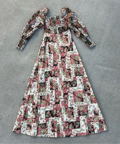 VTG 70s green pink patchwork floral garden party sheer puff sleeve prairie dress Size XS