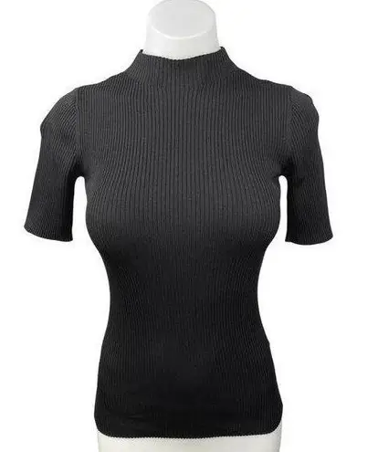 Reiss Black Ribbed Knit Mock Neck Fitted Pullover Short Sleeve Sweater Top Sz 0