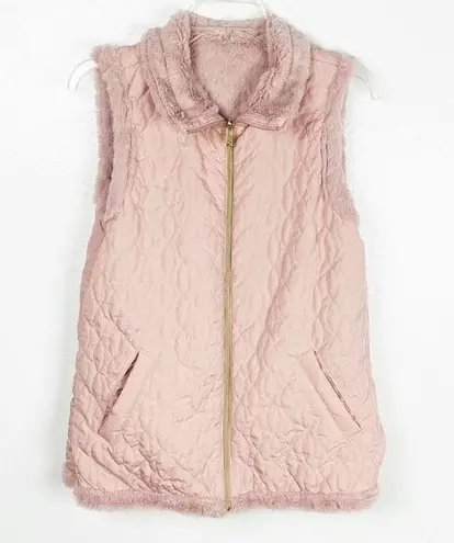TEEZ HER Pink Reversible Faux Fur Puffer Quilted Full Zipper Vest, Size Medium