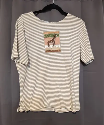Teddi Safari Graphic Striped Tunic Top, Women's Large Shirt, Embroidered Giraffe Tan