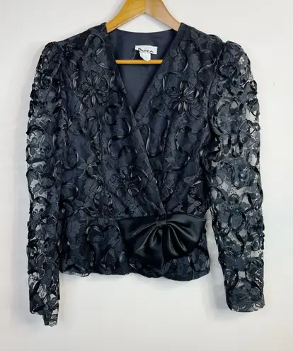 Vintage Patra Black Lace Ribbon Soutache Mesh Fitted Jacket Puff Shoulders Bow 6