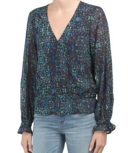 Q&A Smocked Ruffle Top Splatter Multi Print Career Blouse S