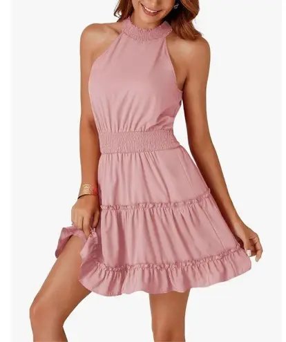 NEW Halter Sleeveless Smocked High Waist Ruffle Layered Mini Dress L Pink Size L