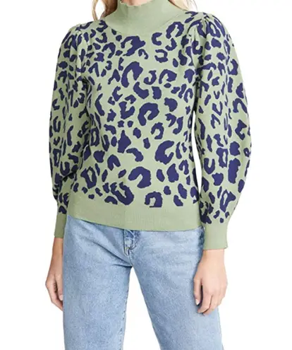 525 America Leopard Print Puff Sleeve Knit Sweater Green Blue