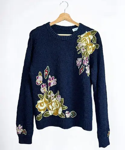 Vintage 80s 90s Navy Hand Knit Sweater w/ Floral Detail & Gold Stitching M/L