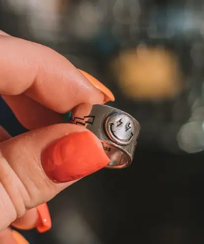 Lightning Bolt Smiley Face Silver Ring