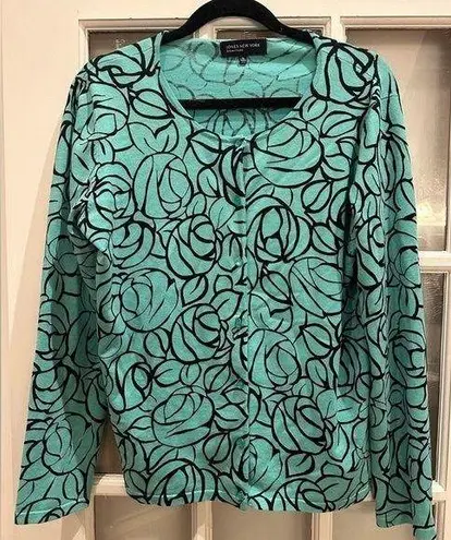 Jones New York  Signature Silk Blend Cardigan Teal Rose Floral Button Up Size XL