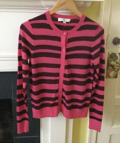 Loft NWT Ribbon Stripe Crewneck Cardigan Sweater Pink, Brown Rabbit Hair - Sz Medium