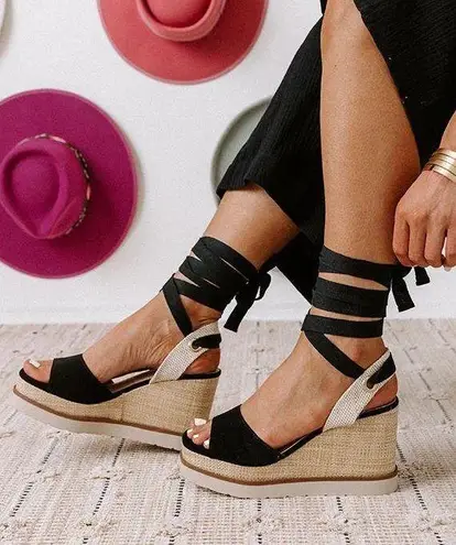 Soda Black Lace Up Wedge