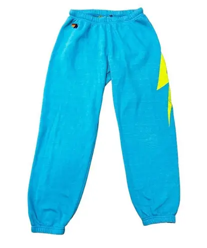 Aviator Nation Light Blue Turquoise Heather Sweatpants Yellow Lightening Bolt