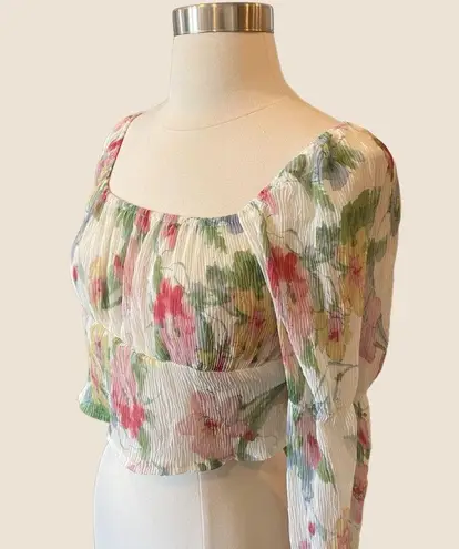 Floral Print Flounce Sleeve Crop Blouse With Long Sleeves