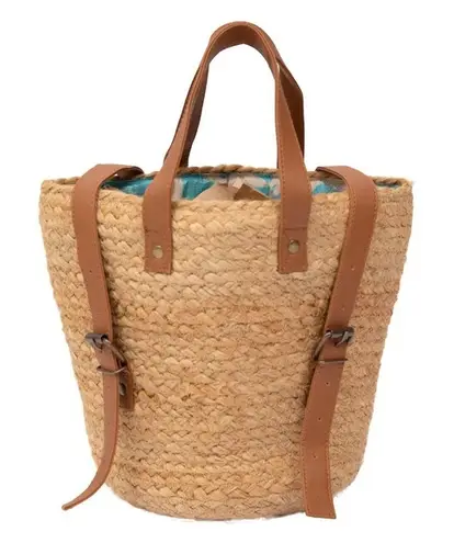 XIX PALMS Straw Backpack Cooler Tan Leather Straps Nautical Print Lining - Image 1
