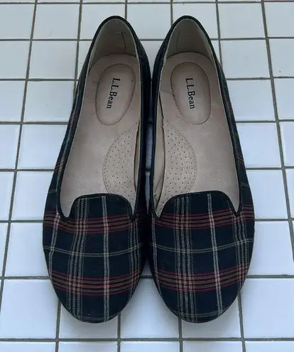 L.L.Bean  Women's Signature Classic Red/Black Plaid Canvas Slip-On Loafers Sz 9.5