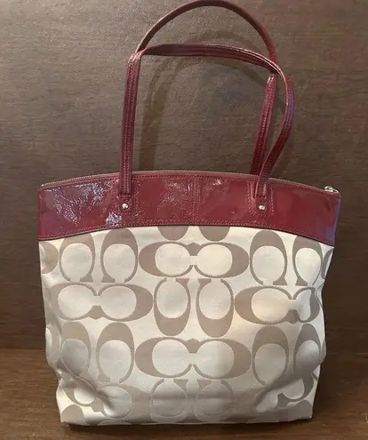 Coach  Laura Canvas Monogram with Plum Patent Leather Tote Shoulder Bag