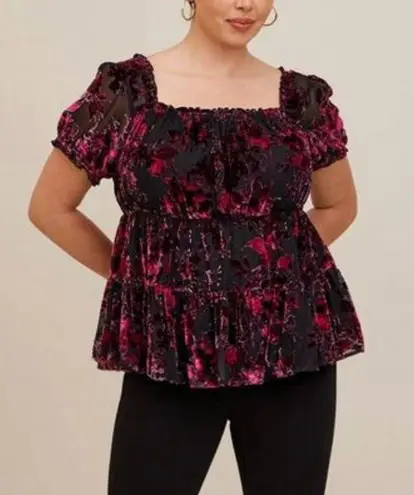 Torrid  Black Pink Floral Burnout Velvet Puff Sleeve Tiered‎ Babydoll Top 3X