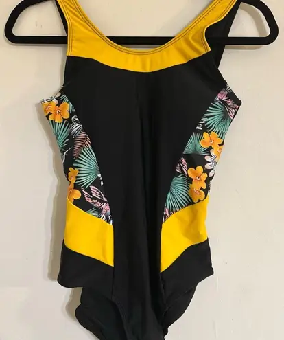None Yellow and Black Floral Women Swim One Piece SZ S