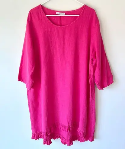 Bryn Walker Hi-Lo Zaida Pink Hibiscus Ruffle Hem Linen Tunic Dress Lagenlook