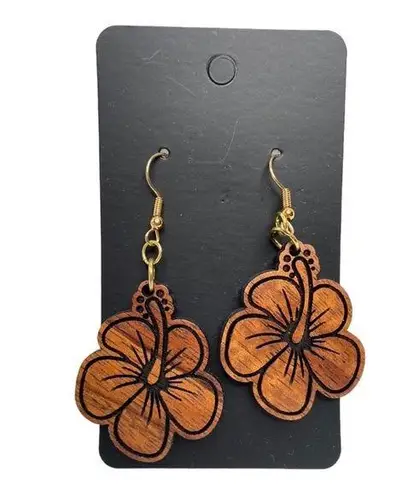 Hand Crafted Wood Hibiscus Laser Cut Dangle Pierced Hawaiian Island Earrings NEW