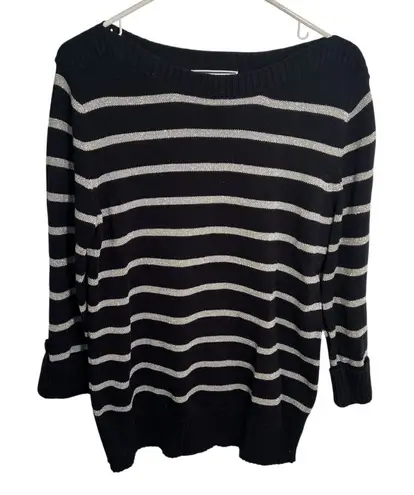 Karen Scott Boatneck Sweater Black Silver Stripes M
