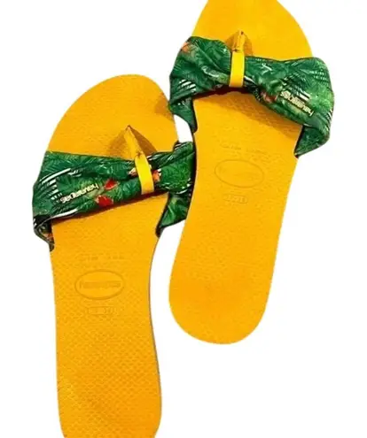 Havaianas Tropical Print Bow Slide Sandals with Yellow Sole Summer Beach Flip Flops
