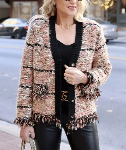 R FASHION Apparel Thread Textured Knit Cardigan Sweater Jacket Fringe Size L/XL Black Size L
