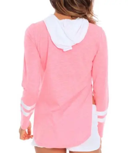 Hot Miami Styles love this product Neon Pink & White Split-Hem Varsity Stripe Hoodie - Women