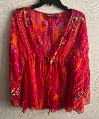 Sigrid Olsen Phool Sheer Mesh Y2K Pink/Red/Orange Hues Sequins Embellished Cardigan Blouse M
