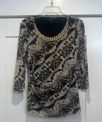 Alfani snakeskin bedazzled mesh top with lining and bell sleeves size medium.