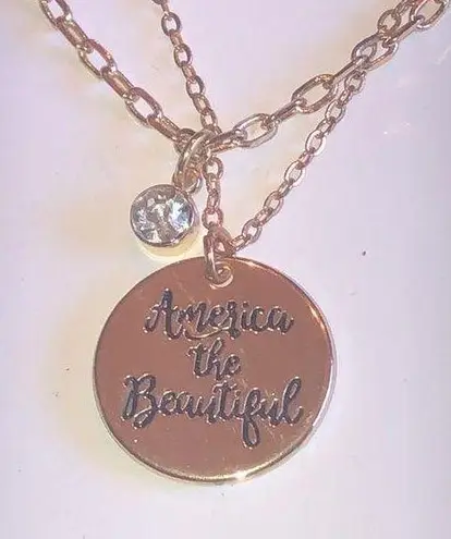 Lot of 2 Gold Tone Dainty CZ Rhinestone America The Beautiful Pendant Necklaces