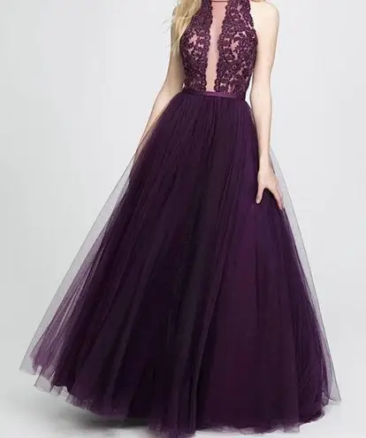 Madison James  Elegant Purple Floral Lace Maxi Formal Ball Gown